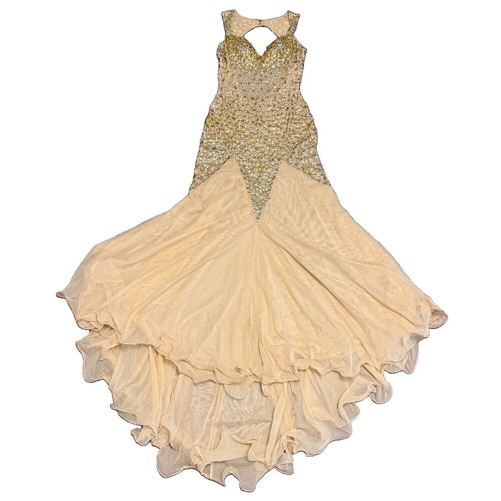 Jasz Couture Size 6 Gold Tan Rhinestone Dress Formal Gown w/ Train Prom Pageant